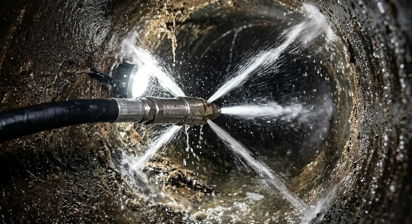 High-pressure hydro jetting nozzle cleaning sewer pipe for Sewer Cleanout in Lower Salford